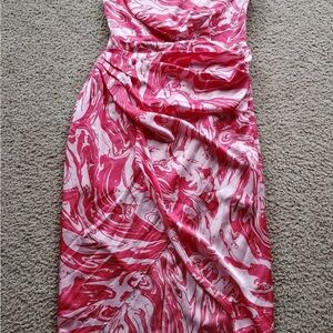 Anna Grace Pink and White Ruched One Shoulder Cocktail Dress